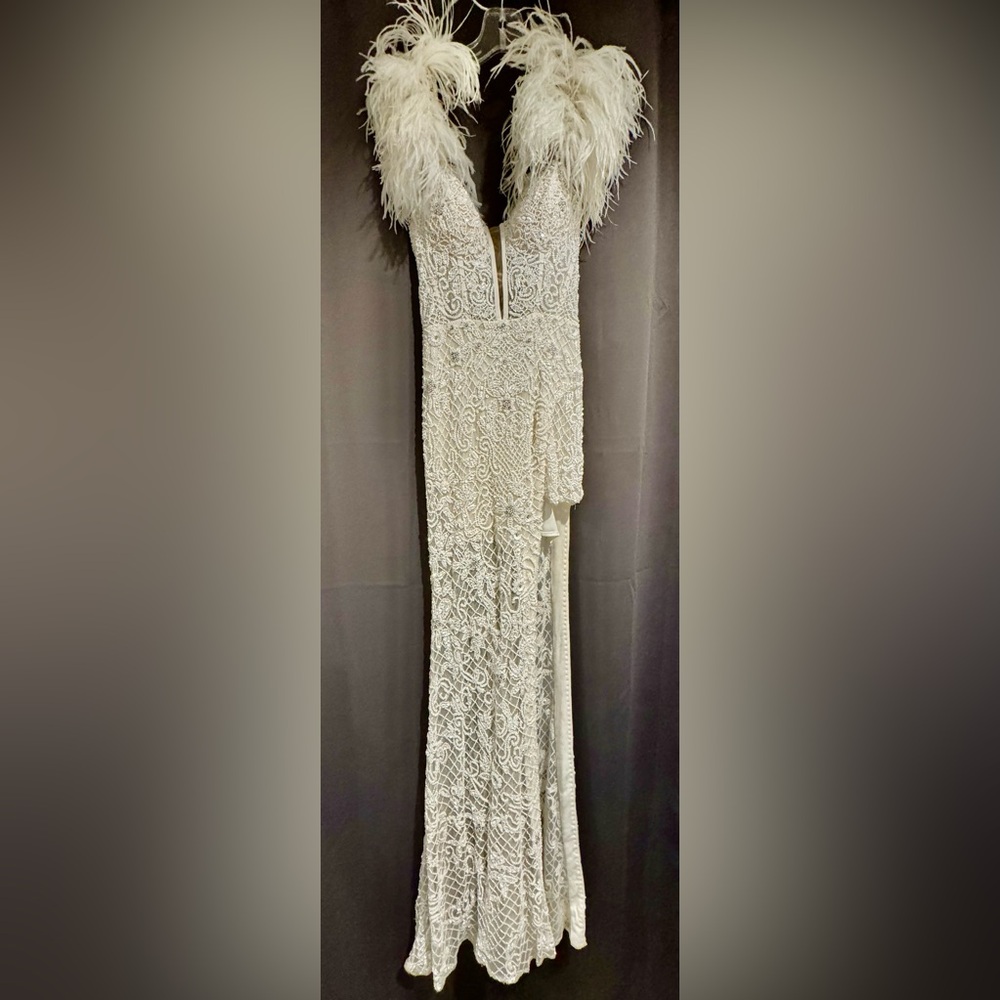 Sherri Hill White Feathered Lace Dress high slit shows leg